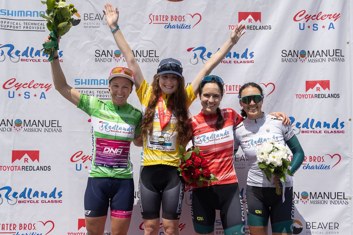 Women's 2023 Redlands Bicycle Classic GC podium (L to R): Sprint classification winner Holly Breck (DNA Pro Cycling), GC winner Emily Ehrlich (Virginia's Blue Ridge Twenty24), mountains classification winner Kathleen Abadie (Fount) and best amateur Alia Shafi (Fount)