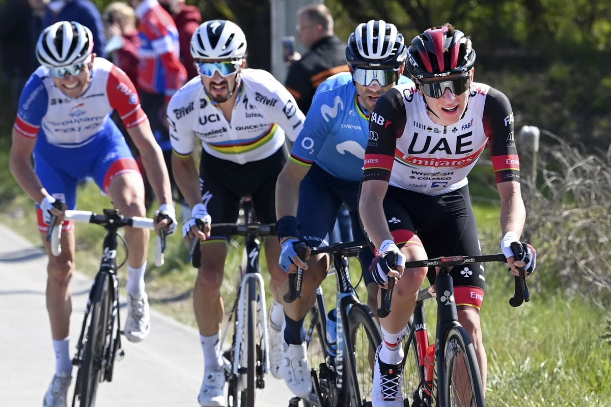 Liege - Bastogne - Liege 2021 - 107th Edition - Liege - Liege 259,1 km - 25/04/2021 - Tadej Pogacar (SLO - UAE Team Emirates) - Alejandro Valverde (ESP - Movistar Team) - Julian Alaphilippe (FRA - Deceuninck - Quick-Step) - photo Vincent Kalut/PN/BettiniPhoto&Acirc;&copy;2021