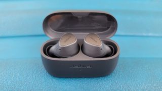 The Jabra Elite 3 wireless earbuds docked in their charging case