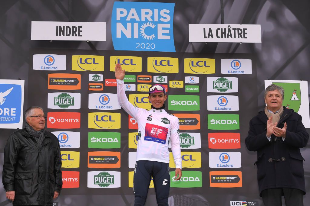 LA CHATRE FRANCE MARCH 10 Podium Sergio Andres Higuita of Colombia and Team Ef Education First White Best Young Jersey Celebration during the 78th Paris Nice 2020 Stage 3 a 2125km stage from ChalettesurLoing to La Chtre ParisNice parisnicecourse PN on March 10 2020 in La Chatre France Photo by Luc ClaessenGetty Images