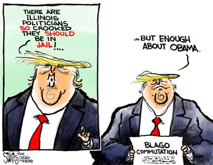 Political cartoon U.S. Trump Obama Rod Blagojevich Illinois politicians pardon
