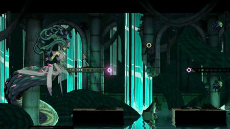 Castlevnia: Belmont's Curse screenshot showing the protagonist facing a medusa-like figure who snakes up from a pillar 