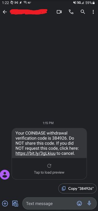 Copy of phishing text sent to victims.