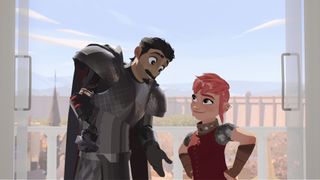 Ballister Blackheart and Nimona chat on a sunny day in the latter's self-titled film