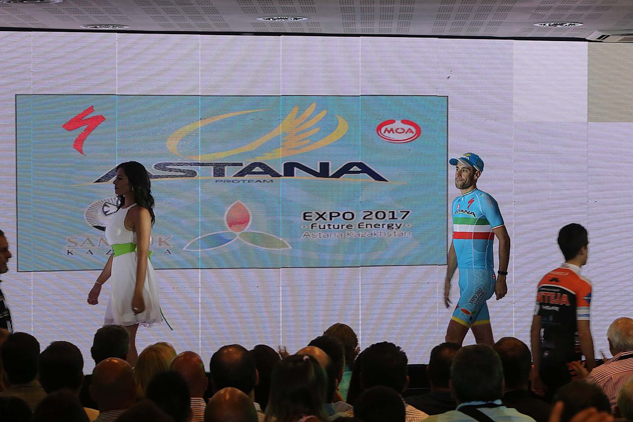 Vincenzo Nibali (Astana) strides on stage at the Tour de San Luis presentation.