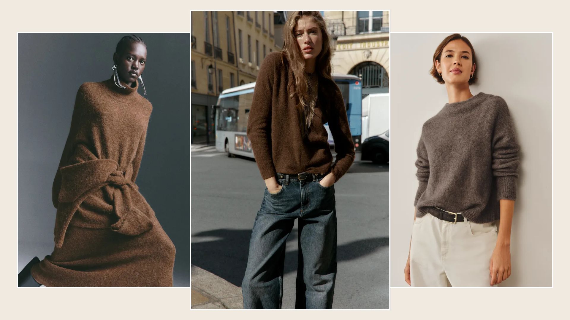 Woman wears turtleneck and matching skirt brown knit; woman wears brown jumper and blue jeans; woman wears taupe jumper and white jeans