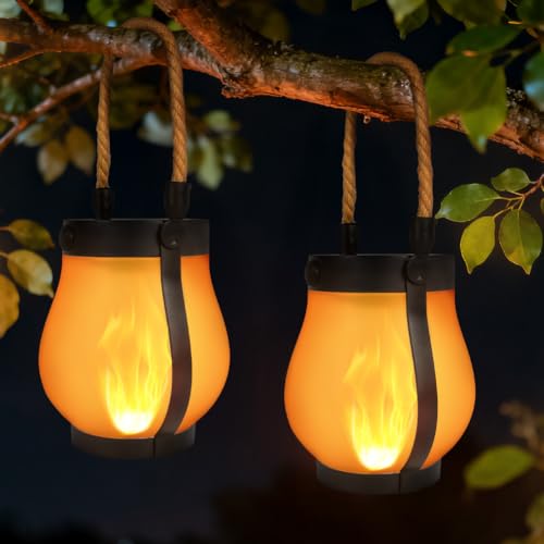 Adiwo Solar Flame Hemp Rope Lantern, 2 Pcs Waterproof Hanging Solar Lantern