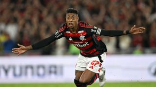 Bruno Henrique celebrates scoring his team's first goal during the Copa Libertadores round of 16 first leg all-Brazilian football match between Flamengo and Internacional at the Maracana stadium in Rio de Janeiro, Brazil, on August 13, 2025.