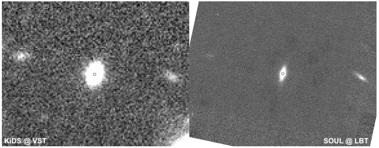 The relic galaxy KiDS J0842+0059, observed with the VST as part of the KiDS survey (left) and with the Large Binocular Telescope (right).