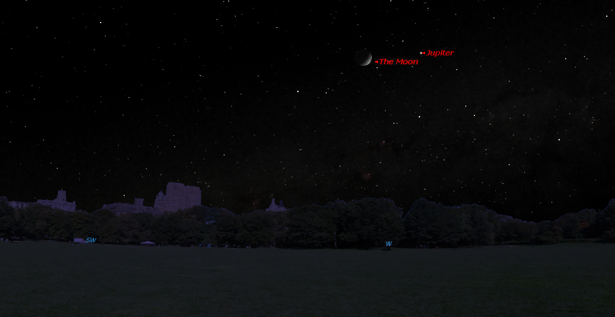 This sky map shows the location of Jupiter near the moon on Sunday, May 4, 2014, as seen in the western sky at 10 p.m. local time from mid-northern latitudes.