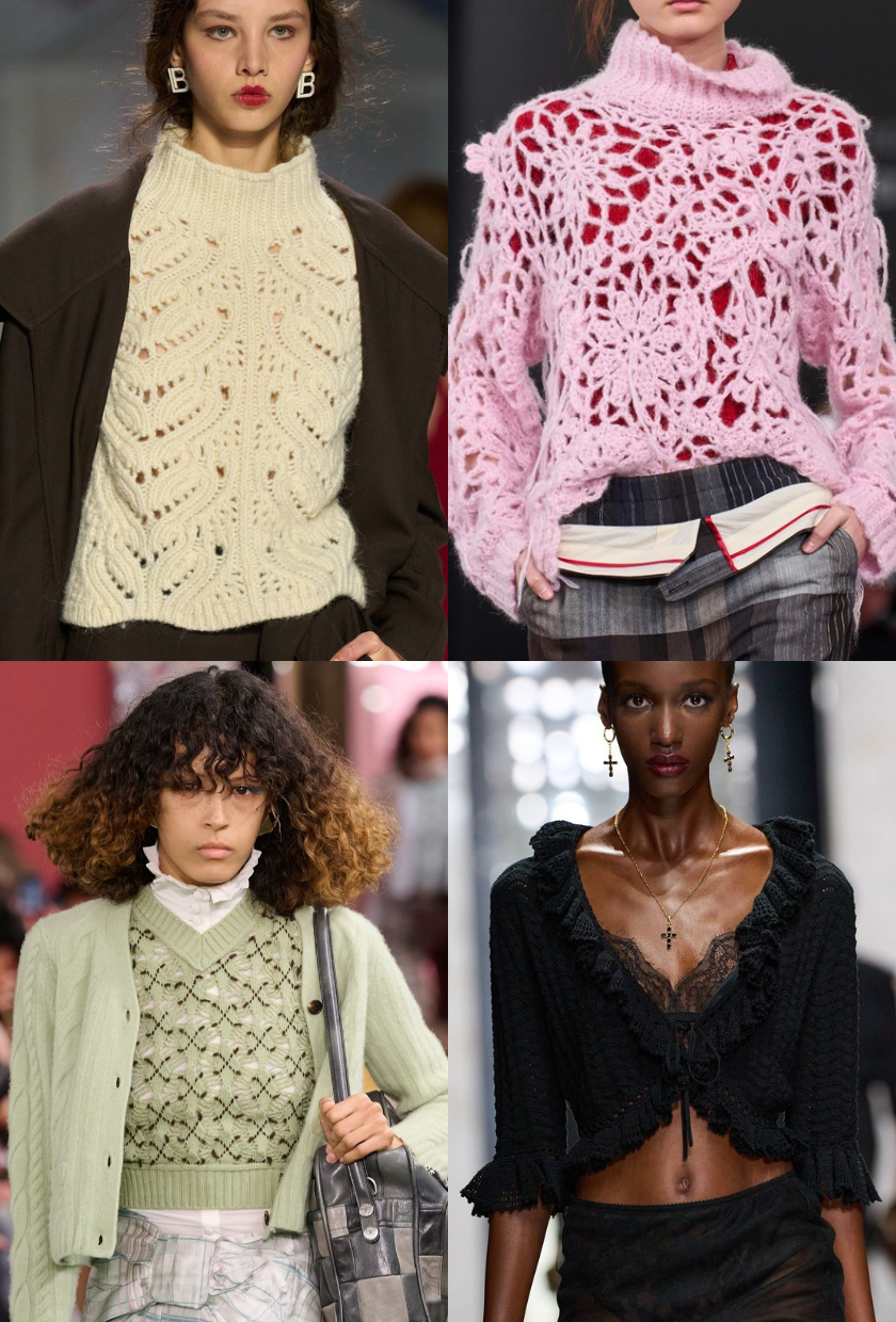 Four images of models from the AW26 runways wearing delicate knitwear that looks lace-inspired