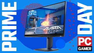 An Alienware AW2525HM gaming monitor on a custom PC Gamer Prime Day background.
