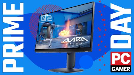 An Alienware AW2525HM gaming monitor on a custom PC Gamer Prime Day background.