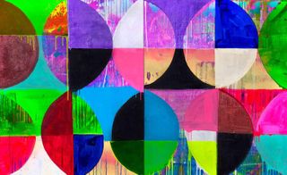 Art piece by artist Maya Hayuk. The piece is made out of rectangles and circles overlapping, in many bright colors.