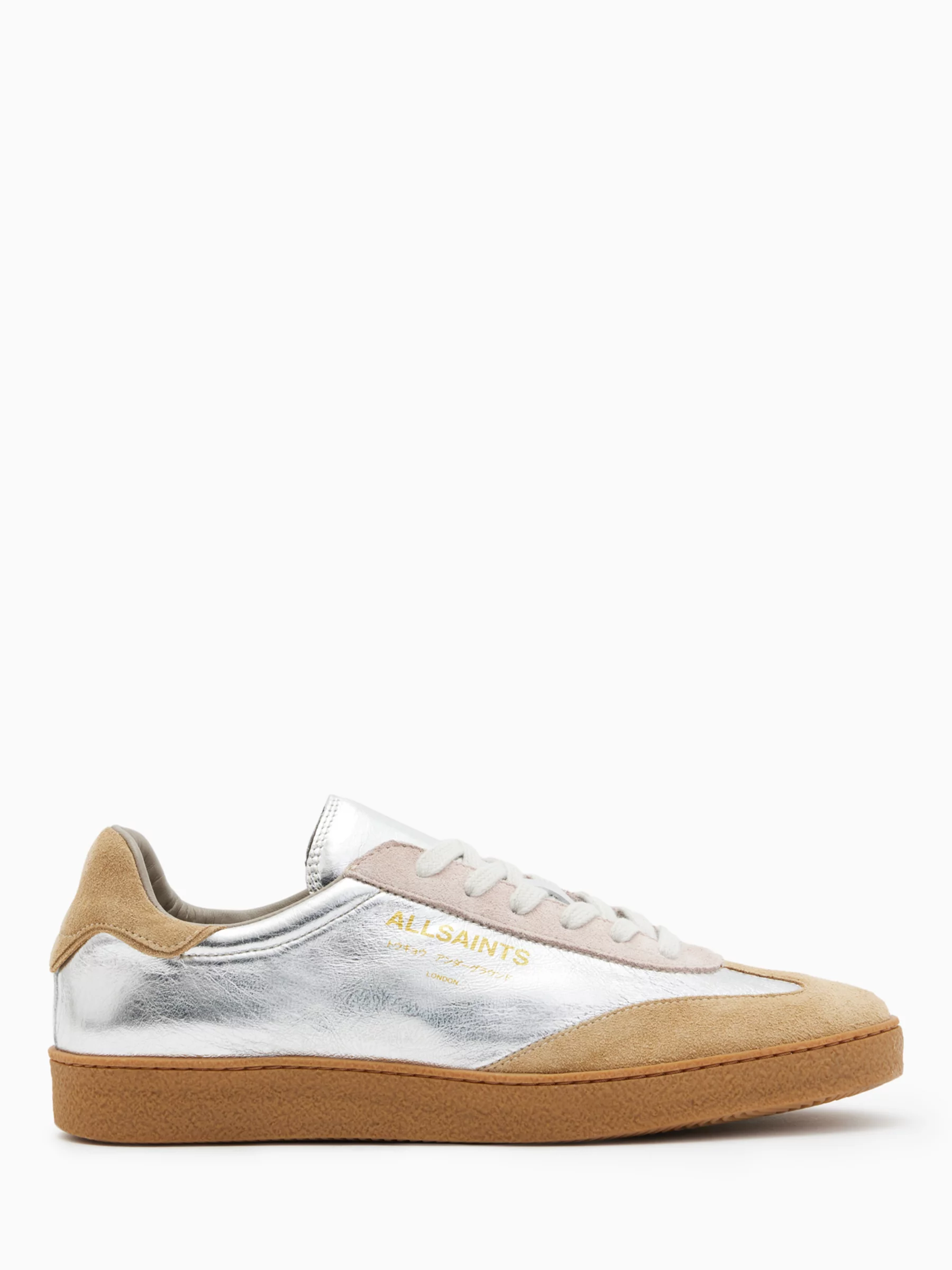 Allsaints Thelma Metallic Leather Trainers, Silver/rose Pink/tan