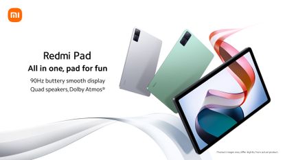 Three Xiaomi Redmi Pad's, with a ribbon dancing through the screen