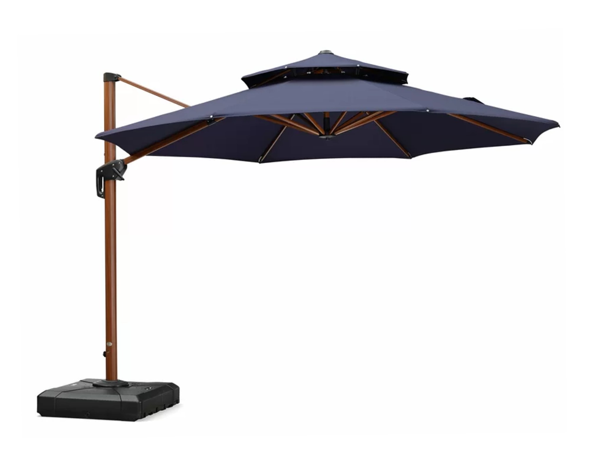 A navy blue cantilever patio umbrella