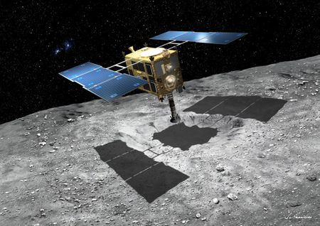 Artist’s impression of Hayabusa 2 taking a sample off of asteroid Ryugu.