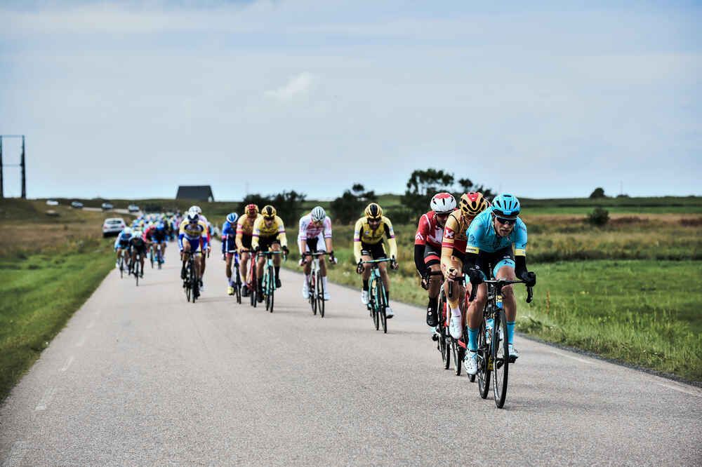 Magnus Cort (Astana) drives the peloton