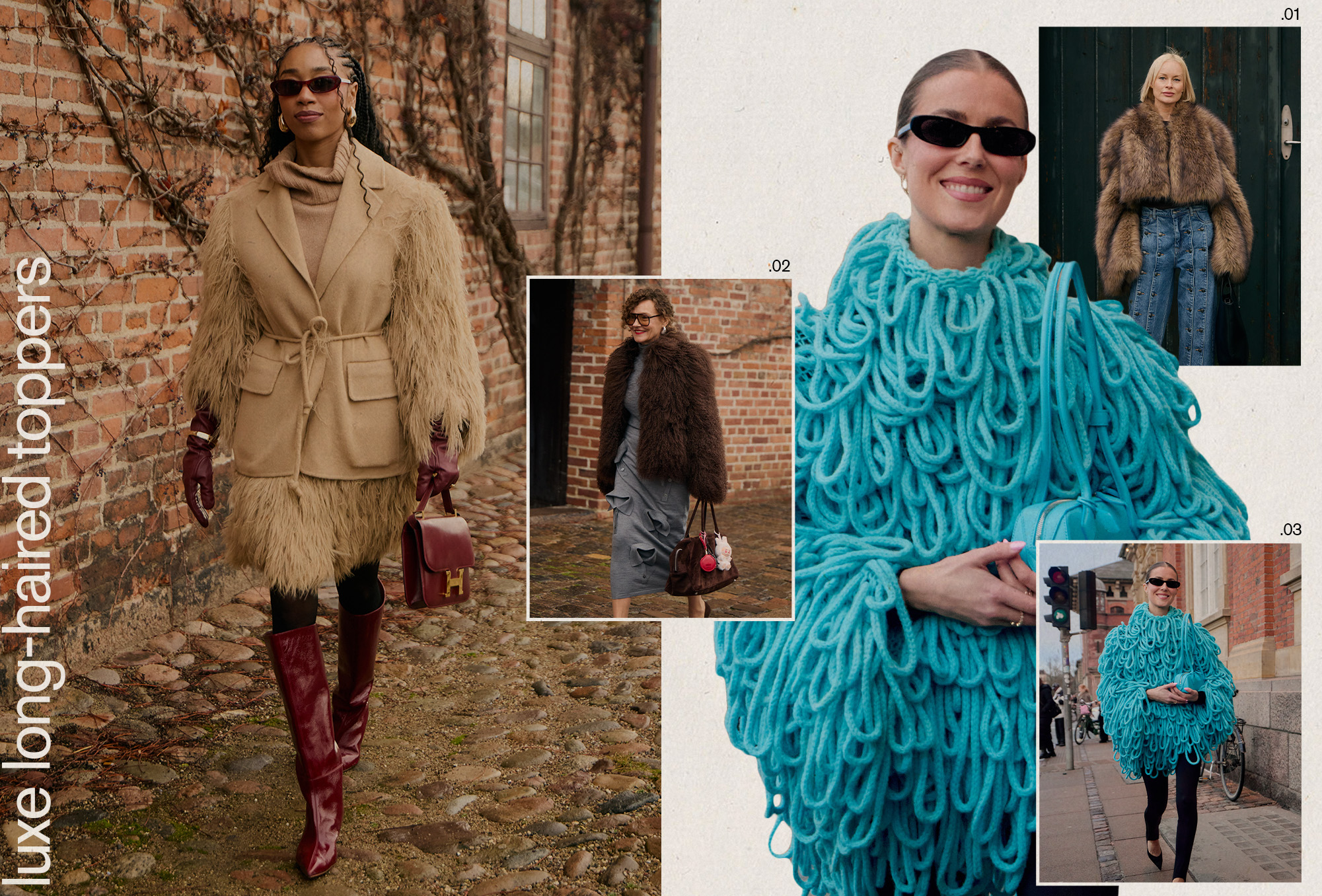 A collage of women wearing fur coats.