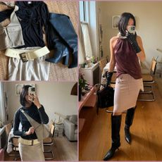 a collage of vivian li wearing pre-planned outfits