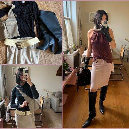 a collage of vivian li wearing pre-planned outfits