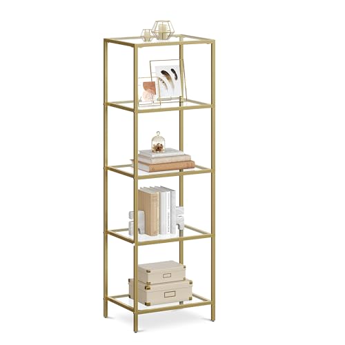 Vasagle Bookcase, 5-Tier Bookshelf, Slim Shelving Unit for Bedroom, Bathroom, Home Office, Tempered Glass, Steel Frame, Metallic Gold Ulgt029a01