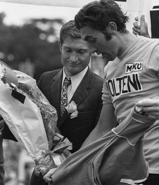 Eddy Merckx with Cyrille Guimard on the podium at the end of the 1972 Tour