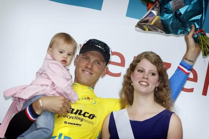 Lars Boom (Blanco), with daughter Kee, on the podium after securing overall victory in the Ster ZLM Toer