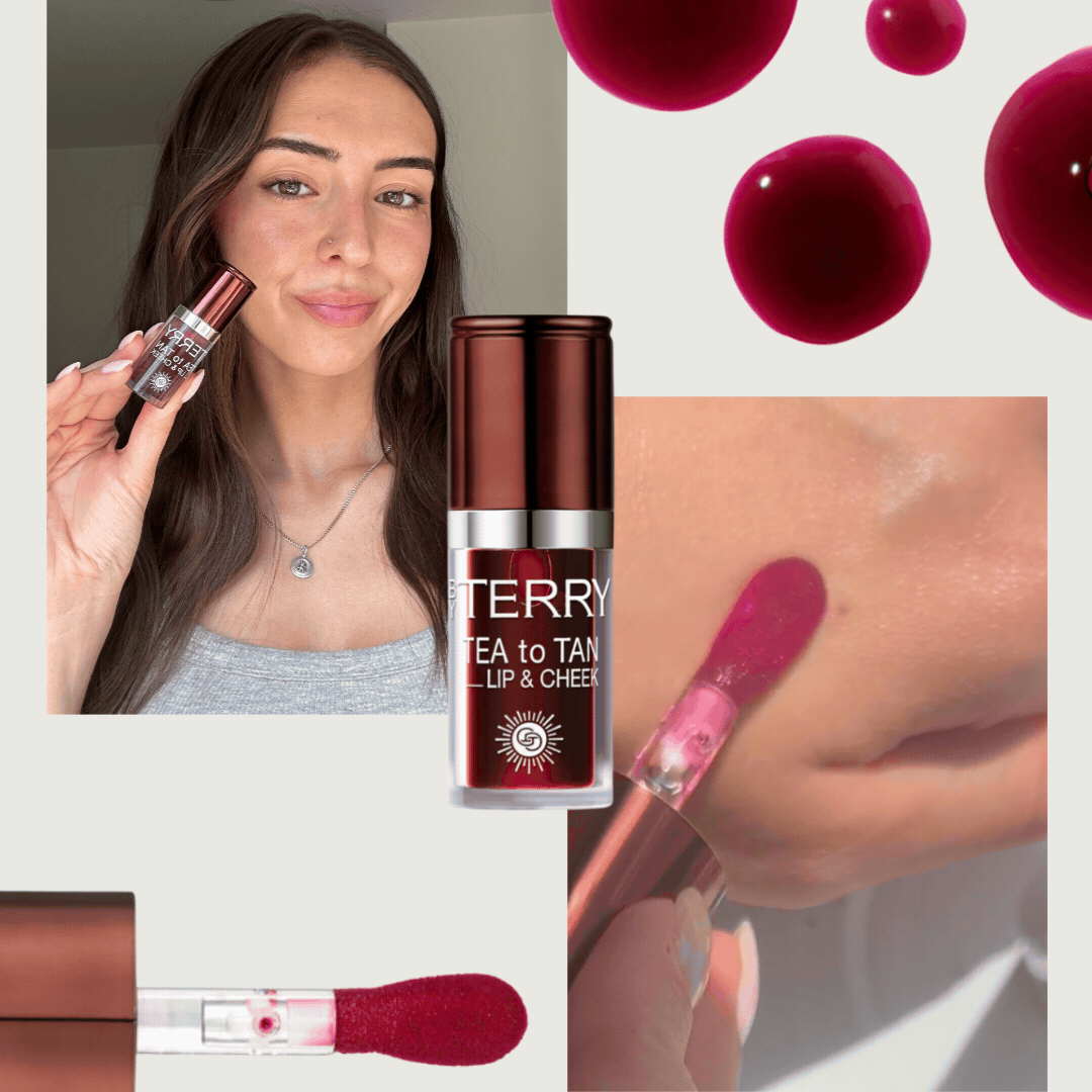 A picture of Digital Beauty Writer, Sennen Prickett, wearing and holding the By Terry Tea to Tan lip &amp;amp; cheek stain, along with a gif of her swatching the product on her hand and three product and swatch images from the brand, on a beige background