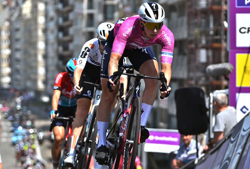 KNOKKEHEIST BELGIUM JULY 18 Lorena Wiebes of The Netherlands and Team SD Worx Protime Purple Leader Jersey competes during the 10th Baloise Ladies Tour 2024 Stage 1 a 1138km stage from Breskens to KnokkeHeist on July 18 2024 in KnokkeHeist Belgium Photo by Luc ClaessenGetty Images