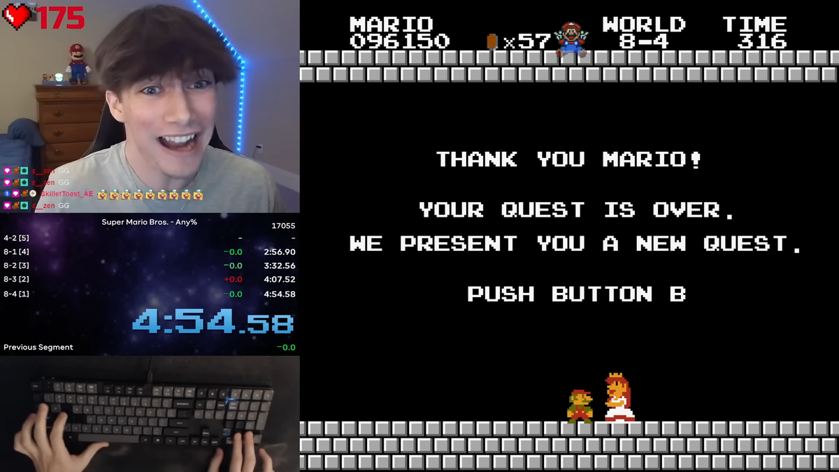 The speedrunner Niftski reacts as he breaks the Super Mario Bros. world record.