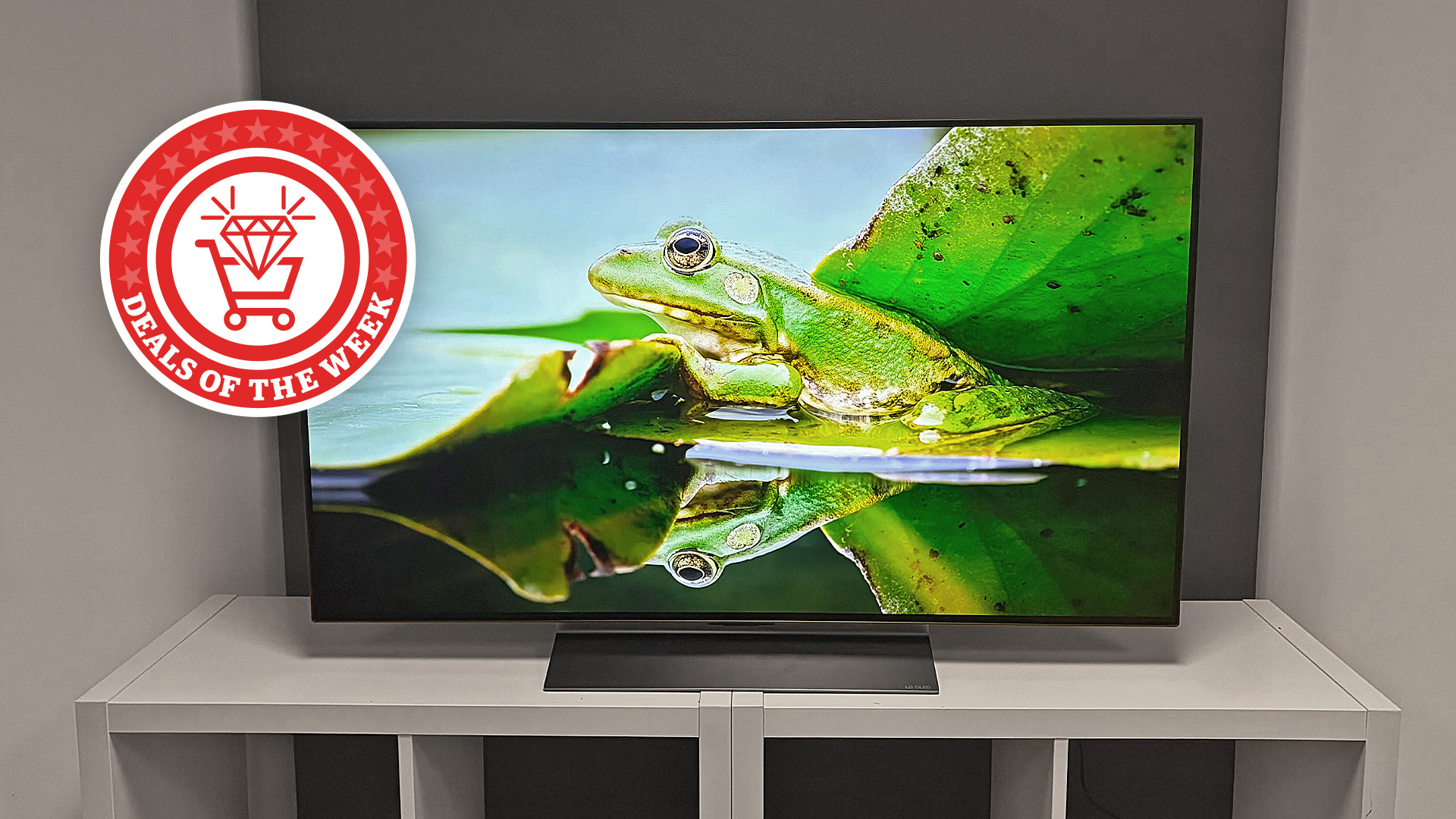 A picture of the 48-inch LG C6 displaying a frog on a lilypad, with the deals of the week logo overlaid