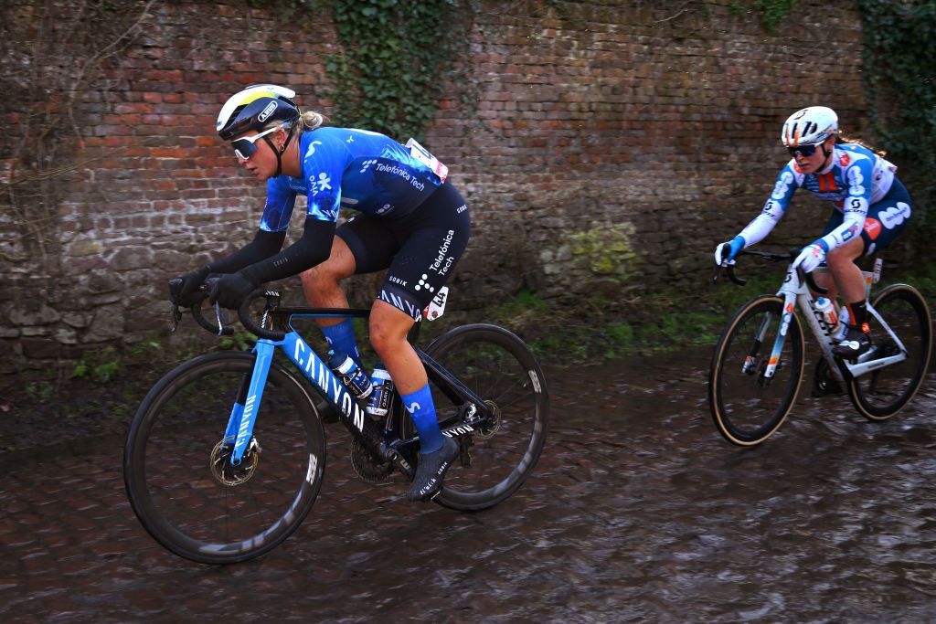DOUR BELGIUM FEBRUARY 27 Emma Norsgaard of Denmark and Movistar Team and Charlotte Kool of The Netherlands and Team dsmfirmenich PostNL compete during the 13th Le Samyn des Dames 2024 a 114km one day race from Quaregnon to Dour on February 27 2024 in Dour Belgium Photo by Luc ClaessenGetty Images