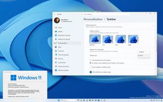 Windows 11 desktop showing the Taskbar settings and the About Windows dialog.