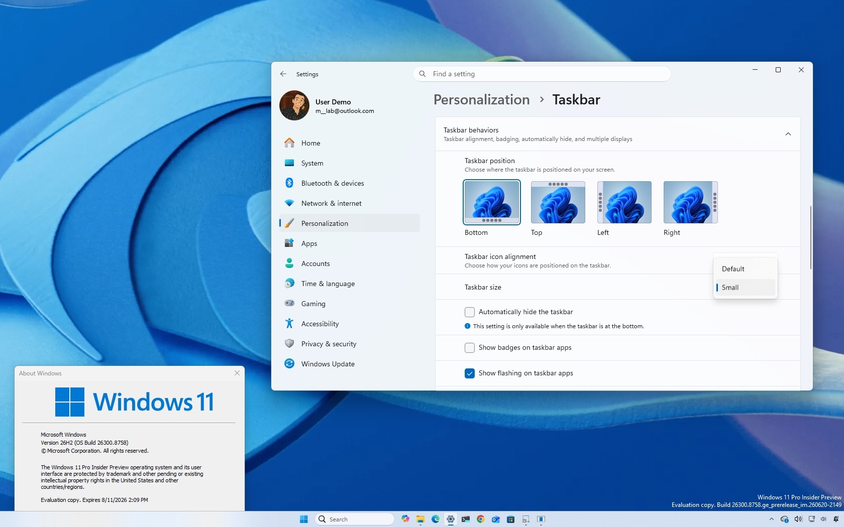 Windows 11 desktop showing the Taskbar settings and the About Windows dialog.
