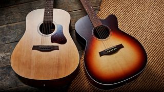 Seagull S6 Original Slim and Cutaway models next to each other on a carpet/wooden floor