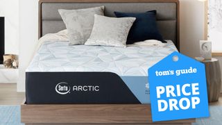 The Serta Arctic Mattress placed on a wood and fabric bedframe and dressed with silver and dark blue cushions