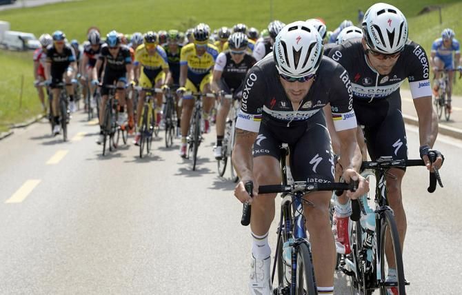 Omega Pharma-QuickStep's Tom Boonen takes a turn on the front of the peloton