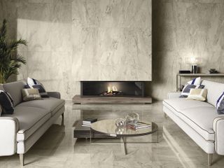 glossy modern tiled fireplace idea