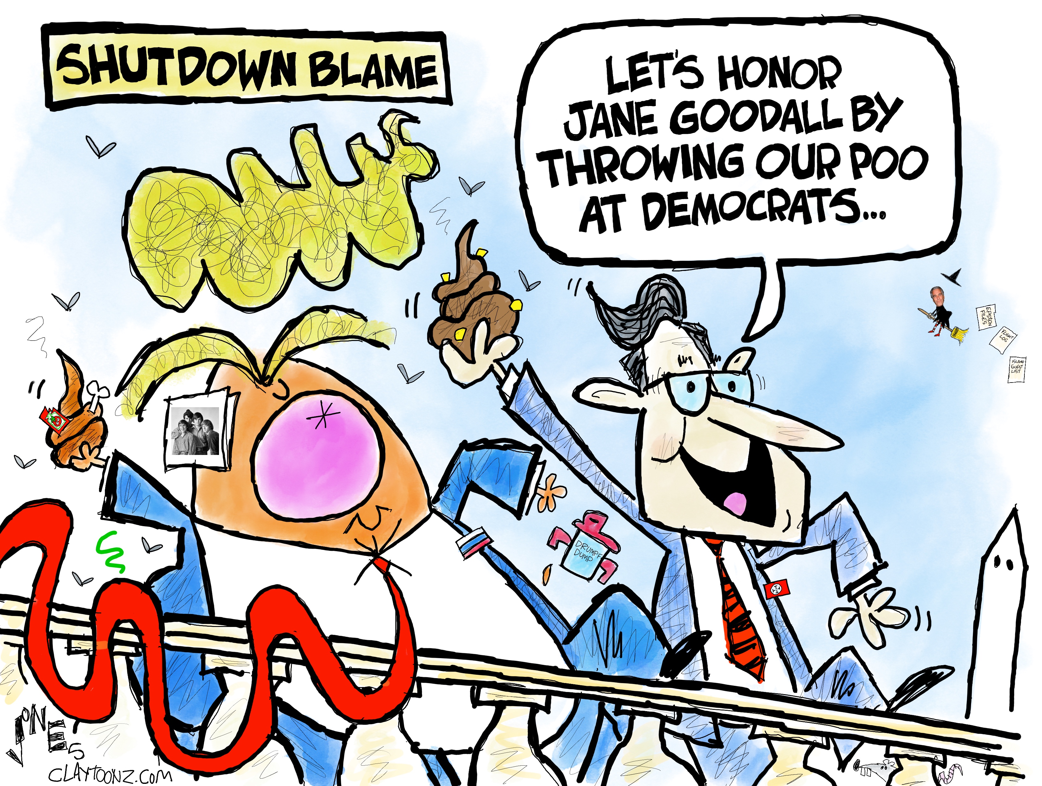 This cartoon is titled &amp;ldquo;Shutdown blame&amp;rdquo; and is drawn in a mocking style. It shows Donald Trump and Mike Johnson holding piles of shit and Johnson says, &amp;ldquo;Let&amp;rsquo;s honor Jane Goodall by throwing our poo at Democrats&amp;hellip;&amp;rdquo;
