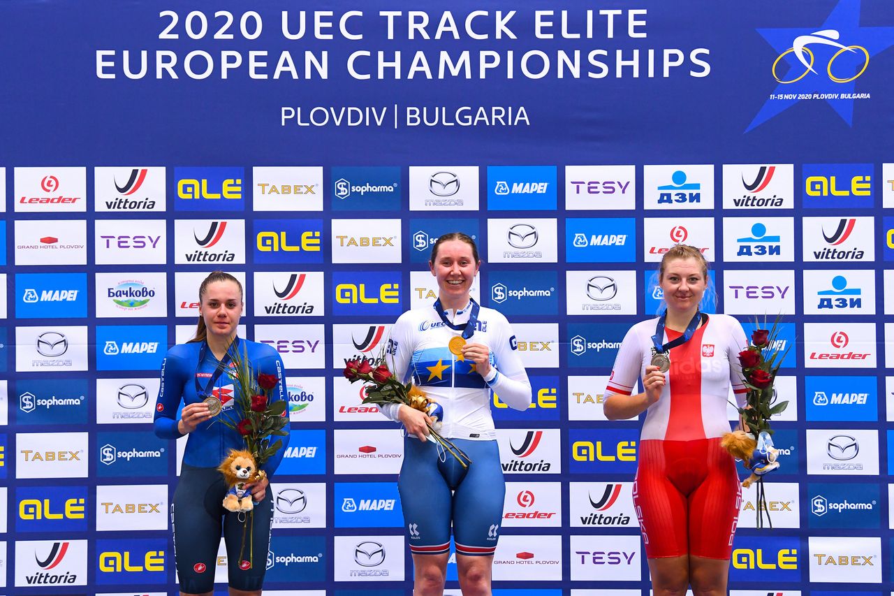 2020 UEC Track European Championships Plovdiv 4th Day 14112020 Points Race Women Kate Archbold Great Britain Silvia Zanardi Italy Karolina Karasiewicz Poland photo Dario BelingheriBettiniPhoto2020