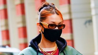 : Bella Hadid out and about, with her hair up in a bun on December 22, 2020 in New York City.