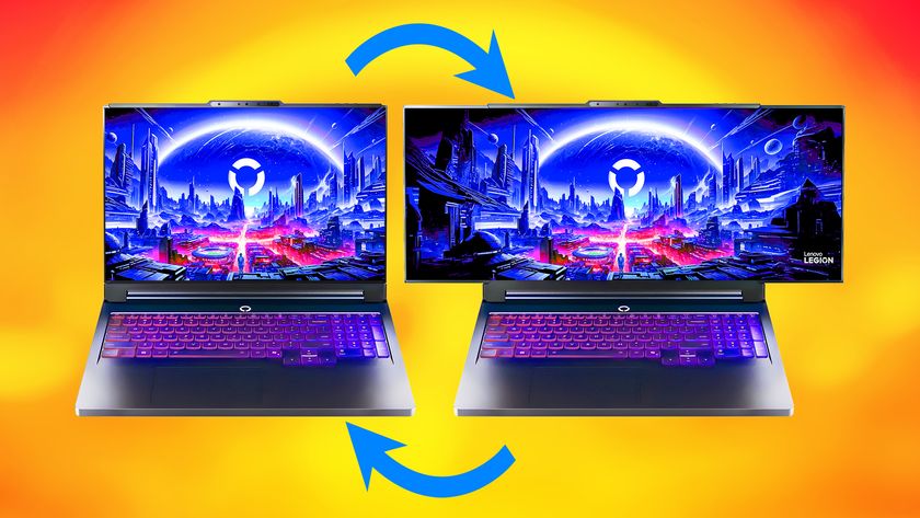 Two concept Lenovo Rollable Legion Pro gaming laptops, one with a 21-inch display, the other rolled out to 24 inches. 