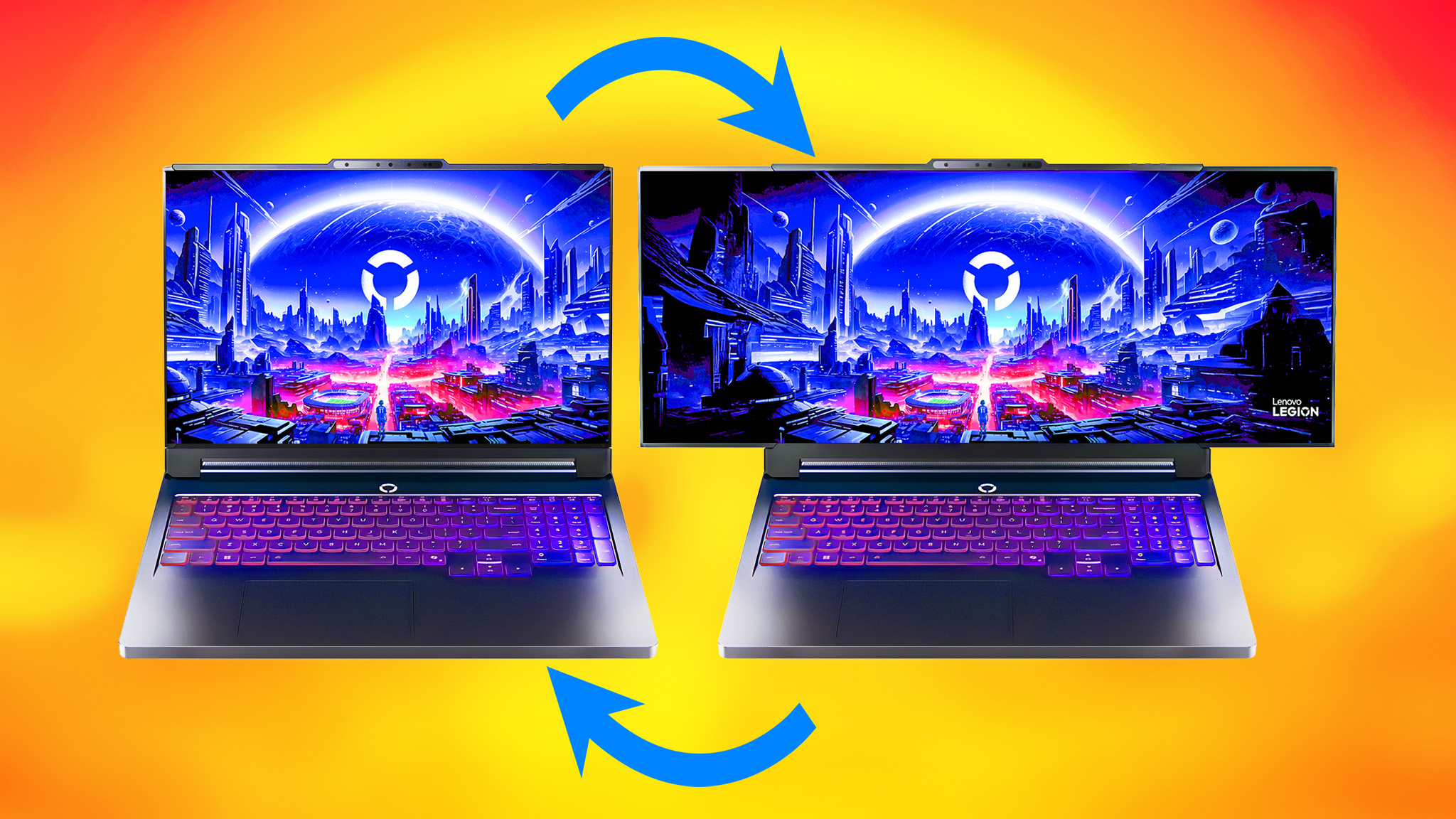 Two concept Lenovo Rollable Legion Pro gaming laptops, one with a 21-inch display, the other rolled out to 24 inches. 