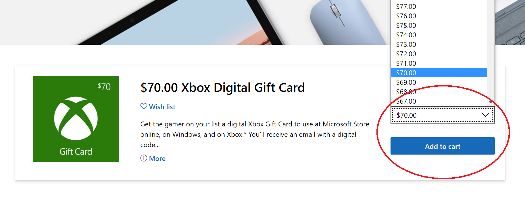 Buying a digital Xbox Gift Card