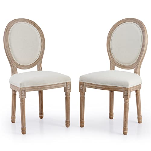 Vonluce Accent Chairs Set of 2, French Upholstered Dining Chairs for Bedroom Living Room Kitchen, Vintage Vanity Chairs With Oval Birch Backrests Rubberwood Legs, Louis Xvi Farmhouse Home Decor, Beige