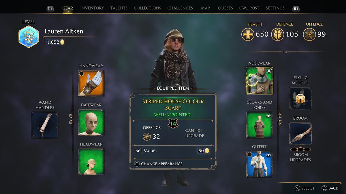 hogwarts legacy character gear menu