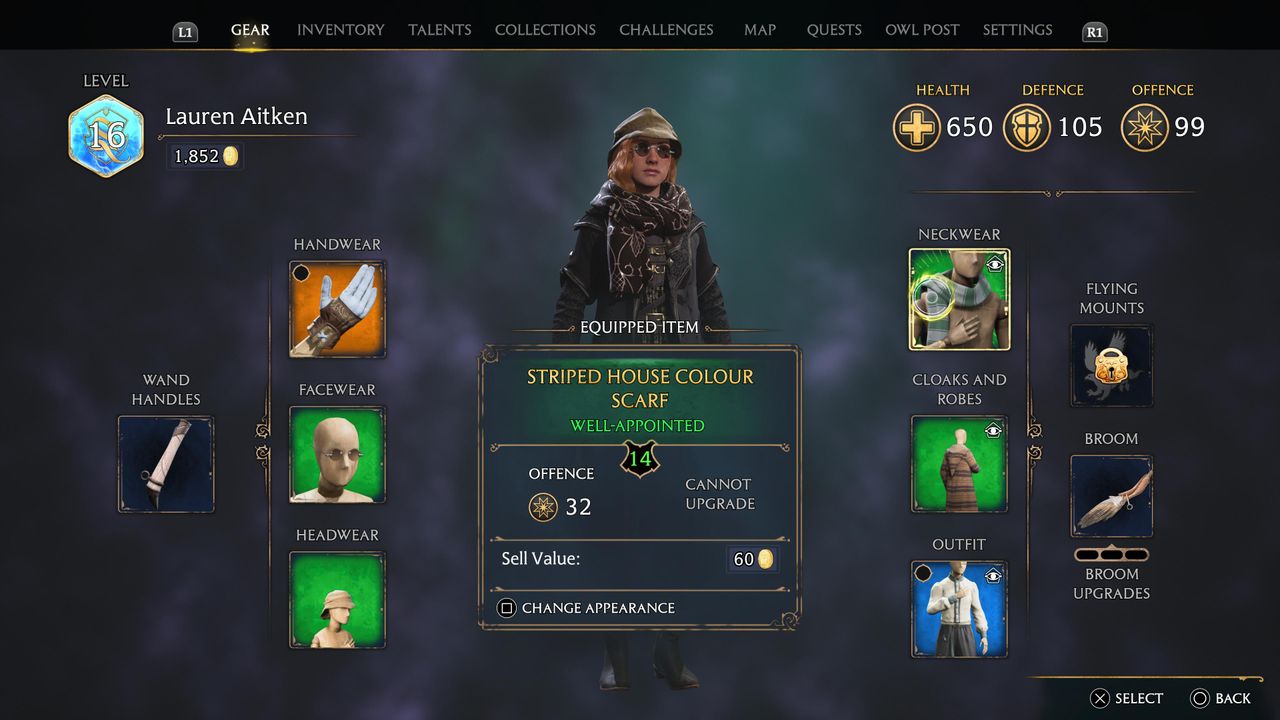 hogwarts legacy character gear menu