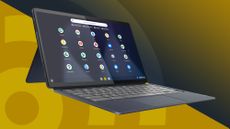 The Lenovo IdeaPad Duet 5 Chromebook, one of the best student laptops, on a yellow background with the TechRadar logo.